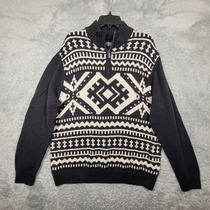 Chaps Mens Fair Isle Quarter Zip Sweater Navy Cream Cotton XL